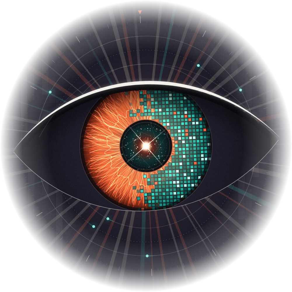 Het oog van aeye met AI: links een menselijke iris, rechts een iris van pixels